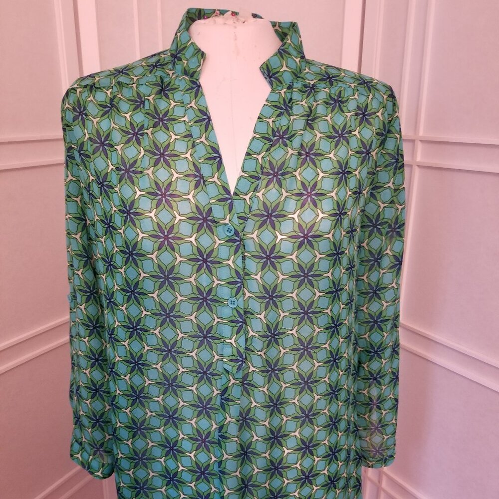 Colorful Blue Green Floral Tunic Blouse